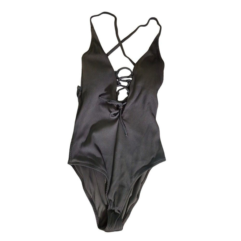 Cupshe‎ Women's Black Ribbed Lace Up One Piece Swimsuit XS NEW